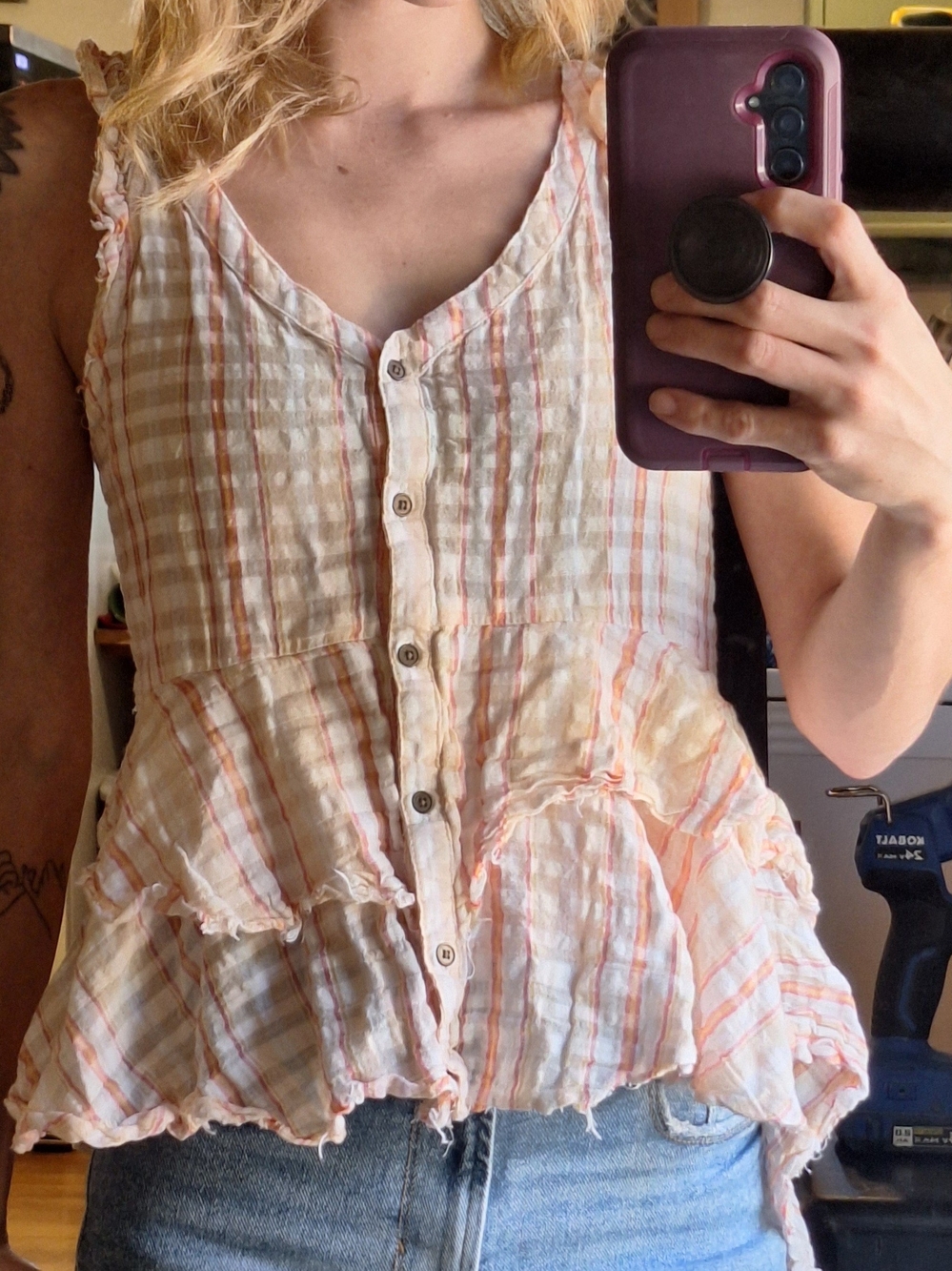 True Craft Cream and Peach Striped Button-Front Peplum Tank